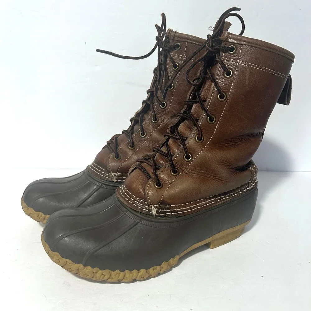 Vtg LL Bean Duck Boots Women 6 Brown Shearling Lined WP Hunting Leather Maine